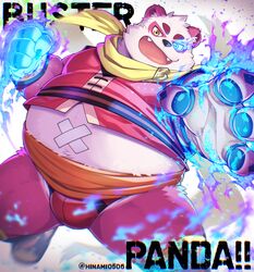  2023 absurd_res anthro band-aid bandage bear belly big_belly black_nose bulge clothing cute_fangs fur giant_panda hi_res hinami humanoid_hands kemono magic male mammal overweight overweight_male pink_body pink_fur scarf simple_background solo underwear white_body white_fur 