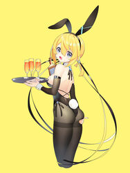  :3 absurdres aiee alcohol animal_ears ass ass_grab black_leotard blonde_hair blue_eyes bottle breasts champagne_flute cocktail_glass cross_hair_ornament cross_ornament cup detached_collar detached_sleeves drinking_glass fake_animal_ears fake_tail female from_behind grabbing_own_ass hair_between_eyes hair_ornament hair_ribbon heart heart-shaped_pupils highleg highleg_leotard highres holding holding_tray leotard looking_at_viewer looking_back medium_breasts original pantyhose playboy_bunny rabbit_ears rabbit_tail ribbon short_hair simple_background skindentation strapless strapless_leotard symbol-shaped_pupils tail tray twintails wrist_cuffs yellow_background 