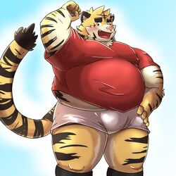  1:1 2023 anthro blush bottomwear clothing felid hi_res humanoid_hands kemono male mammal mohumohudansi overweight overweight_male pantherine pink_nose rugby rugby_uniform shirt shorts simple_background solo tiger topwear 