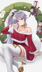  1boy 2girls absurdres alternate_costume bare_shoulders black_hair boots breasts chibi choker christmas cleavage commentary_request dress fire_emblem fire_emblem:_genealogy_of_the_holy_war fire_emblem:_thracia_776 grey_background grey_hair head_tilt high_heels highres ishtar_(fire_emblem) long_hair long_sleeves looking_at_viewer multiple_girls off-shoulder_dress off_shoulder olwen_(fire_emblem) pearlbbbb purple_eyes red_dress reinhardt_(fire_emblem) side_ponytail sitting smile thigh_boots thighhighs very_long_hair white_footwear white_thighhighs 