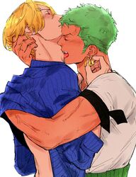  2boys biting blonde_hair blue_shirt clenched_teeth closed_eyes clothes_lift commentary curly_eyebrows earrings flustered grabbing_another&#039;s_hair green_hair haramaki highres jewelry kzwtr8 male_focus mature_male multiple_boys neck_biting one_piece roronoa_zoro sanji_(one_piece) shirt shirt_lift simple_background single_earring tan teeth thick_arms white_background white_shirt yaoi 