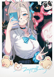  absurdres animal_ears asuna_(blue_archive) black_choker blue_archive blue_eyes blue_ribbon blue_skirt blurry blurry_background blush breasts button_gap cellphone choker collared_shirt commentary_request doodle_sensei_(blue_archive) face_filter facial_mark fake_animal_ears female grin hair_over_one_eye hair_ribbon hand_up highres holding holding_phone large_breasts light_brown_hair long_hair one_eye_covered phone pleated_skirt rabbit_ears ribbon school_uniform scrunchie selfie sensei_(blue_archive) shirt shirt_tucked_in skirt smartphone smile solo tansuan_(ensj3875) v whisker_markings white_shirt wrist_scrunchie 