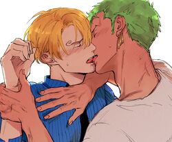  2boys black_necktie blonde_hair blue_shirt closed_eyes colored_skin curly_eyebrows earrings flustered french_kiss green_hair highres holding_another&#039;s_wrist jewelry kissing kzwtr8 male_focus mature_male multiple_boys necktie one_piece roronoa_zoro sanji_(one_piece) shirt tan teeth upper_teeth_only white_shirt white_skin yaoi 