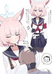  1boy :d absurdres animal_ear_fluff animal_ears armband bald belt belt_pouch black_gloves blue_archive blue_eyes blue_sailor_collar blue_skirt blush breast_pocket cowboy_shot crying doodle_sensei_(blue_archive) face_to_breasts female fingerless_gloves fox_ears gloves grabbing_own_breast halo hand_on_another&#039;s_head headpat heart highres hug long_sleeves mochini neckerchief niko_(blue_archive) pantyhose pink_hair pleated_skirt pocket pouch red_armband red_neckerchief sailor_collar school_uniform sensei_(blue_archive) shirt short_hair skirt smile spoken_character spoken_heart throat_microphone translation_request white_belt white_shirt 