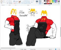  apron arm_hair art_program_in_frame body_hair bottomwear clothed clothing digital_media_(artwork) english_text for_a_head fully_clothed humanoid kogito living_logo male mcdonald&#039;s microsoft_paint_(artwork) microsoft_paint_(copyright) not_furry object_head pants red_eyes shirt sitting solo text tight_clothing topwear uniform vein veiny_muscles 