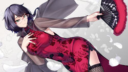  armpits black_hair breasts china_dress chinese_clothes closed_mouth coat colored_inner_hair commentary_request commission dress female floral_print glasses grey_coat hand_fan hand_on_own_chest highres holding holding_fan kutsuda_miru long_sleeves medium_breasts multicolored_hair original print_dress purple_hair red_dress see-through see-through_coat short_hair skeb_commission smile solo thighhighs 