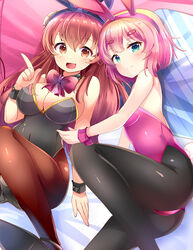  2girls :d animal_ears aqua_eyes arm_at_side aru_(arudes) bare_shoulders bed_sheet black_leotard black_pantyhose black_wrist_cuffs blush bow breasts brown_eyes brown_hair brown_pantyhose chiyoda_momo cleavage closed_mouth commentary curvy detached_collar eyelashes fake_animal_ears fake_tail feet_out_of_frame hair_between_eyes hair_ornament hairclip hand_up highres index_finger_raised knees_up large_breasts leotard long_hair looking_at_viewer lying machikado_mazoku multiple_girls oerba_yun_fang on_back on_side open_mouth pantyhose pink_hair pink_wrist_cuffs playboy_bunny rabbit_ears rabbit_tail red_bow short_hair smile split_mouth strapless strapless_leotard tail wrist_cuffs yoshida_yuuko_(machikado_mazoku) 