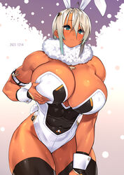  23_(real_xxiii) absurdres ahoge animal_ears blonde_hair blue_eyes blush breasts cleavage covered_abs covered_navel covered_nipples dark-skinned_female dark_skin female fur_collar highres huge_breasts jewelry muscular muscular_female obliques original rabbit_ears sela_(23) short_hair solo 