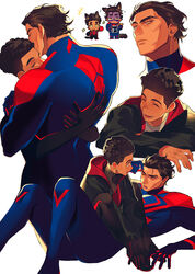  2boys afro animal_ears black_hair brown_hair cat_ears cat_tail chibi closed_eyes colored_skin dark-skinned_male dark_skin highres hug implied_yaoi male_focus marvel mature_male miguel_o&#039;hara miles_morales multiple_boys oz_174 red_eyes short_hair spider-man:_across_the_spider-verse spider-man:_into_the_spider-verse spider-man_(series) spider-verse tail teeth two-tone_bodysuit two-tone_hoodie 