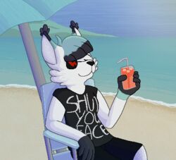  2014 aliasing anthro bangs beach beach_chair beach_umbrella beverage black_bottomwear black_clothing black_highlights black_markings black_nose black_shirt black_shorts black_topwear blue_hair blue_markings blue_sky bobcat bottomwear cel_shading closed_eyes clothing container cup day detailed_background digital_drawing_(artwork) digital_media_(artwork) domestic_cat drinking_straw ear_tuft eye_patch eyewear felid feline felis female female_anthro fur hair highlights_(coloring) holding_beverage holding_container holding_cup holding_object hybrid ice_cube low_res lynx mammal markings microsoft_paint_(artwork) munchkin_cat outside parasol sand sea seaside sebdoggo shaded shirt shorts sitting sky smile snout solo text text_on_clothing text_on_shirt text_on_topwear topwear tuft water white_body white_fur 