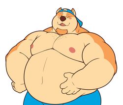  anthro backwards_hat beard belly big_belly blush bottomwear canid canine canis clothing cropped_ears domestic_dog facial_hair hand_on_belly hand_on_hip hat headgear headwear hi_res male mammal manlyster musclegut muscular muscular_anthro muscular_male narrowed_eyes nipples overweight overweight_anthro overweight_male pit_bull shorts smile solo squint 