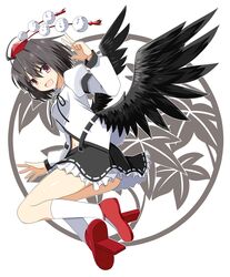  :d absurdres belt belt_buckle bird_wings black_belt black_hair black_ribbon black_skirt black_wings breasts buckle collared_shirt feathered_wings female frilled_skirt frills full_body geta hat highres juliet_sleeves kneehighs long_sleeves midriff neck_ribbon pom_pom_(clothes) puffy_sleeves red_eyes red_footwear red_hat ribbon rise_(rise19851203) shameimaru_aya shirt short_hair skirt small_breasts smile socks solo tengu-geta tokin_hat touhou v white_shirt white_socks wings 