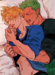  2boys bed bite_mark black_necktie blonde_hair blood blue_shirt closed_eyes clothes_lift colored_skin curly_eyebrows earrings finger_to_tongue flustered green_hair green_kimono haramaki highres hug hug_from_behind japanese_clothes jewelry kimono kzwtr8 lying male_focus mature_male multiple_boys necktie on_bed on_side one_piece roronoa_zoro sanji_(one_piece) shirt shirt_lift single_earring tan teeth tongue tongue_out upper_teeth_only white_skin yaoi 