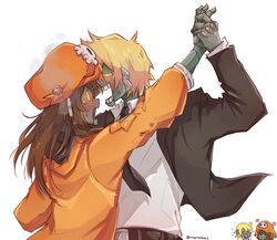  1boy blonde_hair blush brown_hair cabbie_hat clothed_robot commentary female guilty_gear guilty_gear_strive hat hat_ornament highres hood hoodie humanoid_robot key_in_head long_hair metal_skin mil17459623 object_through_head orange_headwear orange_hoodie robo-ky robo-may robot short_hair skull_and_crossbones skull_hat_ornament yellow_eyes 