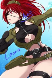  ayato_g90210 belt beret breasts character_name earrings eyepatch female gloves green_jacket hat highres holster jacket jewelry leona_heidern orochi_leona ponytail red_hair snk snk_heroines:_tag_team_frenzy soldier solo the_king_of_fighters thong triangle_earrings underboob 