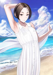  arm_up armpits beach black_eyes black_hair blue_sky closed_mouth cloud collarbone collared_dress commentary_request day dress expressionless female highres kutsuda_miru ocean original outdoors short_hair sky sleeveless sleeveless_dress solo standing white_dress 