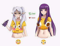  2girls blunt_bangs breast_envy breasts collarbone commentary crop_top cropped_torso earrings elf emoji empty_eyes fern_(sousou_no_frieren) flushed_face_emoji flushed_face_emoji_shirt_(meme) frieren grey_background grey_hair groin heart jewelry like_and_retweet long_hair meme midriff multiple_girls navel pointy_ears purple_eyes purple_hair ryuuneart shaded_face shirt short_sleeves sousou_no_frieren stomach symbol-only_commentary twintails twitter_strip_game_(meme) upper_body very_long_hair yellow_shirt 