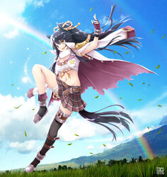  :d amane_sou animal_ears arm_up artist_logo asymmetrical_footwear bandaged_leg bandages bandaid bandaid_on_face bandaid_on_nose black_footwear black_hair black_skirt blue_sky blush boots breasts cleavage cloud coat coat_on_shoulders commentary_request crop_top day ear_ornament female field fingerless_gloves floating_hair full_body gloves grass groin hair_between_eyes highres horse_ears horse_girl horse_tail horseshoe_ornament large_breasts lens_flare long_hair looking_at_viewer midriff miniskirt mountainous_horizon narita_brian_(umamusume) navel oerba_yun_fang open_mouth outdoors plaid plaid_skirt pleated_skirt ponytail purple_gloves rainbow rope sarashi shimenawa shirt sidelocks single_thigh_boot skirt sky smile solo standing standing_on_one_leg star_(symbol) star_print tail thigh_boots thighhighs torn_clothes torn_coat umamusume underbust white_coat white_shirt yellow_eyes zettai_ryouiki 