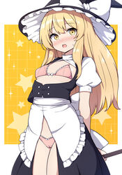  adapted_costume apron black_hat black_skirt black_vest blonde_hair blush bow bra broom cameltoe cowboy_shot female frilled_apron frills hat hat_bow highres holding holding_broom kirisame_marisa long_hair looking_at_viewer open_mouth panties pink_bra pink_panties puffy_short_sleeves puffy_sleeves revealing_clothes rizento shirt short_sleeves skirt solo sparkle star_(symbol) touhou underwear vest waist_apron white_apron white_bow white_shirt witch_hat yellow_eyes 