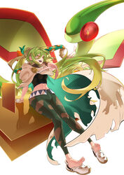  :d absurdres barefoot belt black_shirt breasts bright_pupils brown_eyes cloak commentary dorsiflexion feet female flygon gloves green_hair green_pants green_ribbons ground_miku_(project_voltage) hair_ribbon hatsune_miku highres knees_together_feet_apart legs long_hair open_mouth pants pokemon pokemon_(creature) project_voltage ribbon shirt simple_background smile soles taiju_(gr09kuma) toes torn_cloak torn_clothes vocaloid white_background white_pupils 