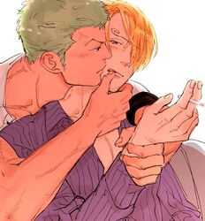  2boys black_eyes blonde_hair brown_eyes cigarette colored_skin curly_eyebrows finger_to_mouth flustered green_hair highres holding holding_another&#039;s_wrist holding_cigarette kzwtr8 male_focus mature_male multiple_boys one_piece pectoral_cleavage pectorals purple_shirt roronoa_zoro sanji_(one_piece) shirt simple_background tan white_background white_shirt white_skin yaoi 