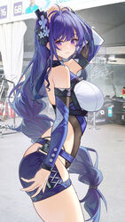  alternate_costume alternate_hair_color arm_at_side arm_up bare_shoulders black_leotard blue_hair blue_shorts blush braid breasts catsmoon closed_mouth detached_sleeves female from_side genshin_impact hair_ornament highres large_breasts leotard long_braid long_hair long_sleeves looking_at_viewer looking_to_the_side purple_eyes raiden_shogun shorts signature solo thighs 