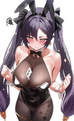  absurdres alternate_costume animal_ears bare_arms bare_shoulders black_bow black_bowtie black_leotard black_pantyhose blush bow bowtie breasts card closed_mouth commentary covered_navel earrings fake_animal_ears fantongjun female from_above genshin_impact hands_up highres jewelry jpeg_artifacts large_breasts leotard long_hair looking_at_breasts looking_at_card mona_(genshin_impact) pantyhose playboy_bunny playing_card rabbit_ears simple_background solo star_(symbol) star_earrings thighs twintails white_background wrist_cuffs 