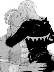  2boys ass_grab bandaged_arm bandaged_chest bandaged_head bandages beard closed_eyes facial_hair greyscale highres hood hooded_jacket hug jacket kissing kissing_cheek kzwtr8 male_focus mature_male monochrome multiple_boys one_piece roronoa_zoro sanji_(one_piece) shirt short_hair simple_background sitting sitting_on_person white_background yaoi 