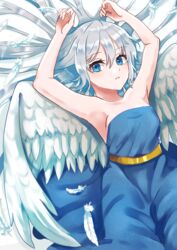  angel_wings armpits arms_up azuazu_0405 blue_dress blue_eyes dress feathered_wings feathers female grey_hair hair_between_eyes long_hair looking_at_viewer lying original solo white_background white_wings wings 