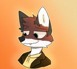  anthro arctic_fox black_clothing black_suit brown_body brown_fur bust_portrait canid canine clothed clothing collared_shirt cross_fox dark_ears doppelfoxx floppy_friday fox fur green_eyes head_tuft headshot_portrait hybrid inner_ear_fluff looking_away male mammal nonbinary_(lore) portrait red_fox shirt simple_background snaggle_tooth solo suit topwear true_fox tuft yaxley_warrick_(doppelfoxx) 