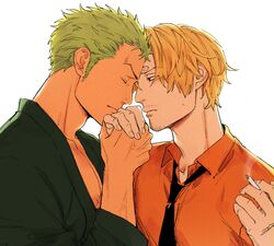  2boys black_eyes black_necktie blonde_hair cigarette closed_eyes colored_skin curly_eyebrows flustered green_hair green_kimono hand_grab highres holding holding_cigarette japanese_clothes kimono kissing kissing_hand kzwtr8 male_focus mature_male multiple_boys necktie one_piece orange_shirt roronoa_zoro sanji_(one_piece) scar scar_on_chest shirt simple_background tan white_background white_skin yaoi yukata 