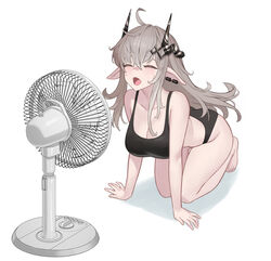  absurdres ahoge all_fours arknights barefoot black_panties breasts cleavage ear_piercing electric_fan fan_speaking female grey_hair highres horns large_breasts long_hair mong_na mudrock_(arknights) panties piercing pointy_ears sweat underwear white_background 