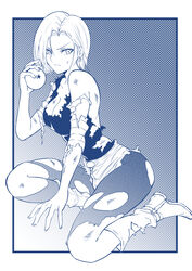  android_18 bare_shoulders black872233196 boots breasts closed_mouth dragon_ball dragon_ball_(object) dragon_ball_z earrings female gradient_background highres holding jewelry knee_boots looking_at_viewer medium_breasts monochrome pantyhose parted_bangs serious short_hair skirt solo star_(symbol) striped torn_boots torn_clothes torn_pantyhose torn_skirt torn_sleeves v-shaped_eyebrows 