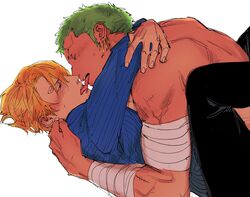  2boys bandaged_arm bandages black_pants blonde_hair blue_eyes closed_eyes colored_skin curly_eyebrows earrings flustered french_kiss green_hair half-closed_eyes highres hug jewelry kissing kzwtr8 male_focus mature_male multiple_boys one_piece pants roronoa_zoro sanji_(one_piece) shirt simple_background single_earring tan teeth tongue topless_male upper_teeth_only white_background white_skin yaoi 