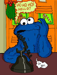  2009 absurd_res blue_body blue_fur candy candy_cane christmas cookie_monster cross-eyed dessert dialogue digital_media_(artwork) electronics english_text food fur gingerbread_man greeting hand_on_head hi_res holidays holly_(plant) landline_phone locker male mightyfilm mistletoe muppet muppets phone plant sesame_street shadow solo speech_bubble text 