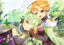  2girls :d ;) black_gloves blurry blurry_background breasts brown_gloves cleavage cloak closed_mouth commentary_request commission day depth_of_field elbow_gloves fur-trimmed_cloak fur_trim gloves green_cloak green_eyes green_hair hair_between_eyes kou_hiyoyo medium_breasts multiple_girls one_eye_closed orange_hair outdoors ritual_beast_tamer_lara single_hair_intake skeb_commission smile spiritual_beast_tamer_winda tree winda_(yu-gi-oh!) yu-gi-oh! 