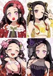  alternate_costume alternate_hairstyle bare_shoulders beret black_hair bow breasts closed_mouth crop_top dress earrings female food fruit hair_ornament hairbow hat highres jewelry kamado_nezuko kimetsu_no_yaiba lemon long_hair looking_at_viewer medium_breasts midriff mouth_hold multicolored_hair navel off_shoulder one_eye_closed open_mouth orange_hair pink_eyes pink_shirt pori_(kmt_pori) red_headwear ribbon shirt smile stomach strawberry teeth tongue top_hat yellow_shirt 