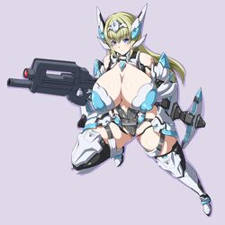  absurdres assault_rifle blonde_hair blue_eyes blush breasts cleavage commission covered_nipples cyborg di_allez_series female full_body gun hairband headgear highres joints long_hair looking_to_the_side navel phantasy_star phantasy_star_online_2 phantasy_star_online_2_new_genesis rifle robot_joints sankakukin_gear second-party_source skeb_commission smile solo very_long_hair weapon 