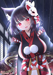  absurdres animal_ears azur_lane black_hair black_kimono breasts cat_ears cat_girl cat_mask female floral_print floral_print_kimono fox_mask highres japanese_clothes kimono large_breasts looking_at_viewer mask mask_on_head mismatched_eyebrows oerba_yun_fang open_mouth red_eyes rope shimenawa short_hair short_kimono sideboob sideless_kimono tsuri_pi yamashiro_(azur_lane) 