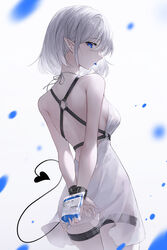  absurdres belt blood blood_bag blue_blood blue_eyes blue_tongue breasts colored_tongue crystalherb demon_tail dress female highres medium_breasts o-ring original pointy_ears see-through short_hair solo standing tail thigh_belt thigh_strap tongue tongue_out white_background white_dress white_hair wrist_belt 