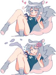  anger_vein animal_ears black_shirt blush breasts bright_pupils female fire flying_sweatdrops grey_eyes grey_hair grey_panties grey_socks heart long_hair lyn_mametchi multiple_views nutalie_(lyn_mametchi) original panties shirt short_sleeves simple_background small_breasts socks squirrel_ears squirrel_girl squirrel_tail striped_clothes striped_panties t-shirt tail underwear white_background white_pupils xbox_logo 