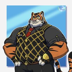  1:1 anthro bottomwear clothed clothing epic_games eye_scar eyebrows facial_scar felid fingerless_gloves fortnite fully_clothed gloves handwear hi_res male mammal marshmallowpupy musclegut muscular muscular_male oscar_(fortnite) pantherine pants scar shirt solo stripes tail teeth tiger topwear yellow_sclera 