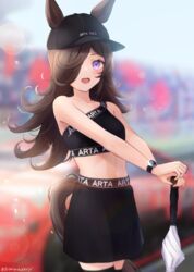  absurdres alternate_costume animal_ears autobacs_racing_team_aguri bare_shoulders baseball_cap black_hat black_shirt black_skirt black_thighhighs blurry blurry_background blush breasts car commentary_request cowboy_shot crop_top ears_through_headwear female hair_over_one_eye hat highres honda honda_nsx horse_ears horse_girl horse_tail lens_flare looking_at_viewer midriff motor_vehicle navel open_mouth peteron purple_eyes race_queen race_vehicle racecar rice_shower_(umamusume) shirt skirt sleeveless sleeveless_shirt small_breasts smile solo sparkle standing super_gt tail thighhighs twitter_username umamusume umbrella watch wristwatch 