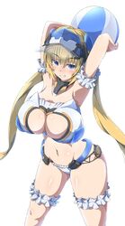  ball beachball bikini blonde_hair blue_eyes blush breasts cleavage cowboy_shot female frame_arms_girl frills hresvelgr_ater large_breasts long_hair looking_at_viewer low_twintails navel sankakukin_gear smug solo swimsuit twintails very_long_hair 