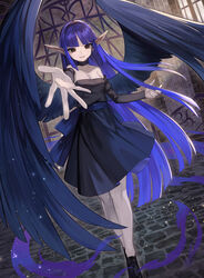  absurdres blunt_bangs blunt_ends breasts choker cleavage commission detached_sleeves dress feathered_wings female full_body gate highres light_particles long_hair long_pointy_ears long_sleeves looking_at_viewer night_wing_sorceress parted_bangs pointy_ears purple_hair reaching reaching_towards_viewer sash skeb_commission smile solo strapless strapless_dress sunlight teo_(telo_ruka) very_long_hair wings yu-gi-oh! 