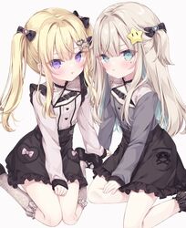  2girls :t black_bow black_footwear black_skirt blonde_hair blue_eyes blue_hair blush bow brown_hair closed_mouth colored_inner_hair commentary_request frilled_skirt frilled_socks frills grey_background grey_shirt grey_socks hair_ornament hairbow heart heart_hair_ornament highres hoshi_(snacherubi) long_hair long_sleeves looking_at_viewer mole mole_under_eye multicolored_hair multiple_girls original pout puffy_long_sleeves puffy_sleeves purple_eyes shirt shoes simple_background sitting skirt sleeves_past_wrists socks star_(symbol) star_hair_ornament twintails two-tone_hair two_side_up very_long_hair wariza 