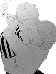  2boys beard cigarette closed_eyes facial_hair grabbing_another&#039;s_hair greyscale highres holding holding_cigarette hug kissing kzwtr8 male_focus mature_male monochrome multiple_boys one_piece pectoral_cleavage pectorals roronoa_zoro sanji_(one_piece) scar scar_on_chest shirt short_hair white_background yaoi 