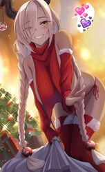  absurdres aqua_nails asymmetrical_bangs azur_lane bare_shoulders blonde_hair blush box braid breasts christmas christmas_tree commentary dark-skinned_female dark_skin detached_sleeves eyes_visible_through_hair female from_below fur-trimmed_sleeves fur-trimmed_thighhighs fur_trim gift gift_box grin hair_ornament hair_over_one_eye heart highres holding holding_sack horn_ornament horns leaning_forward long_bangs long_hair looking_at_viewer meme_attire mole mole_under_mouth nail_polish owari_(azur_lane) panties red_garter_straps red_sleeves red_sweater red_thighhighs ribbed_legwear ribbed_sleeves ribbed_sweater ribbed_thighhighs sack side-tie_panties sideboob sleeveless sleeveless_sweater sleeveless_turtleneck sleeves_past_wrists smile solo spekkio36 spoken_heart sweater symbol-only_commentary thighhighs turtleneck turtleneck_sweater twin_braids underwear v very_long_hair virgin_destroyer_sweater yellow_eyes 