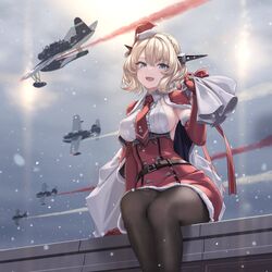  adapted_costume aircraft airplane artist_logo belt black_pantyhose blonde_hair blue_eyes blush braid breasts brown_belt capelet christmas colorado_(kancolle) commentary_request crown_braid dress elbow_gloves feet_out_of_frame female gloves hat headgear highres kantai_collection looking_at_viewer medium_breasts medium_hair open_mouth outdoors pantyhose red_dress red_gloves rokuwata_tomoe sack santa_hat short_hair sideboob sitting smoke_trail snow solo vought_os2u_kingfisher 