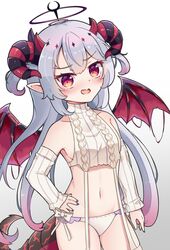  absurdres bare_shoulders breasts commentary detached_sleeves dragon_girl dragon_horns dragon_tail dragon_wings english_commentary female gradient_background grey_background grey_hair hair_between_eyes halo hand_on_own_hip highres horns lillis_infernallies_(vtuber) long_sleeves looking_at_viewer meme_attire nail_polish navel open_mouth panties pointy_ears project_livium purple_nails red_eyes red_wings rutorifuki simple_background sleeves_past_wrists small_breasts solo tail two_side_up underwear v-shaped_eyebrows virgin_destroyer_sweater virtual_youtuber white_background white_panties wings 